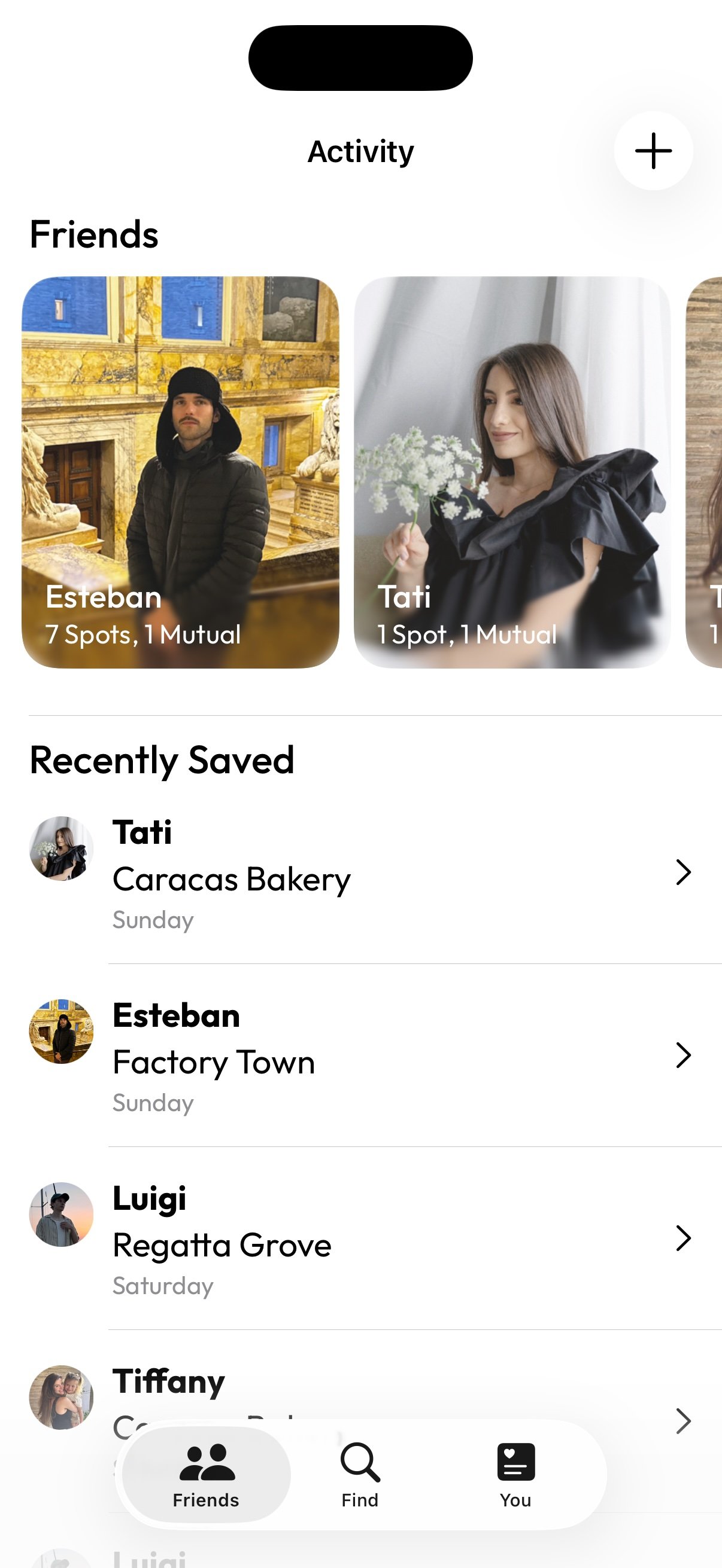 Detour find screen showing places and recent memories