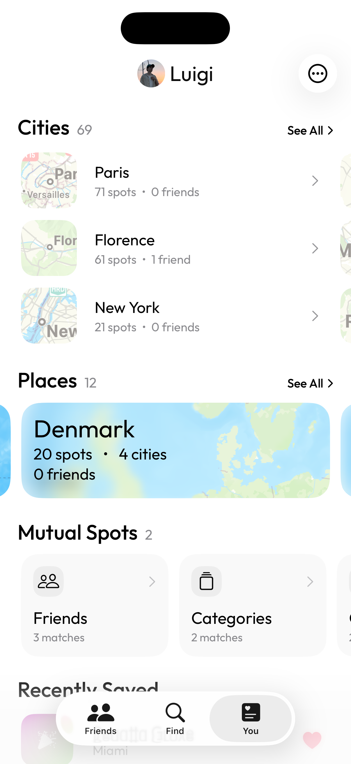 Detour Italy page showing top spots and friends with spots there
